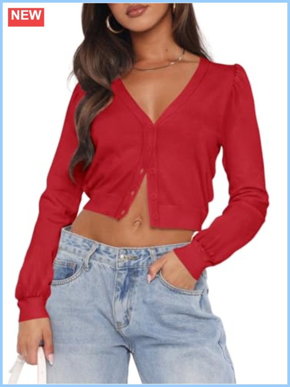 Women's Open Front Cardigan Crop Knit Sweater V Neck Puff Sleeve